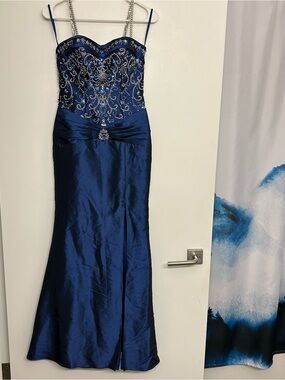 Night Moves Blue Satin Sweetheart Corset Beaded Sequin Maxi Dress Size 2